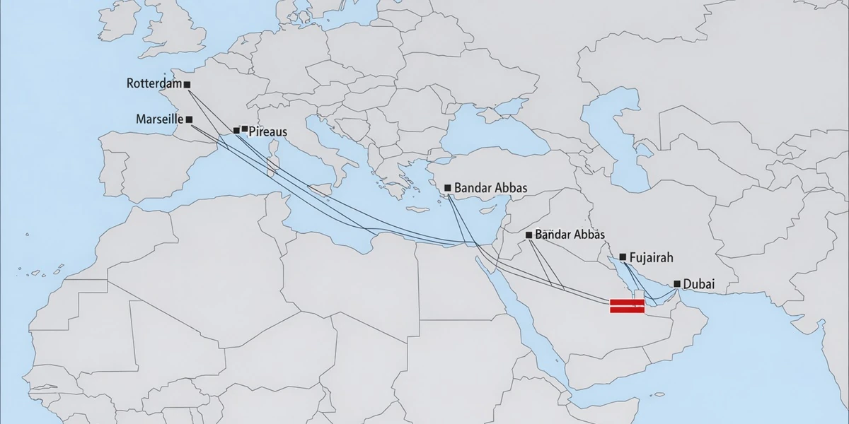 Geopolityczna mapa regionu Zatoki Perskiej przedstawiająca blokady logistyczne i ich wpływ na łańcuchy dostaw materiałów budowlanych w 2026 r.webp